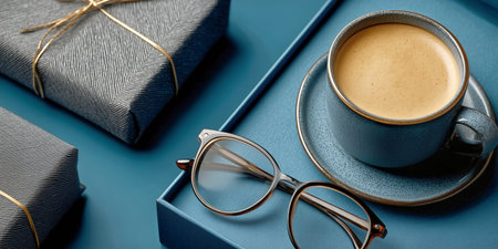 A blue coffee cup filled with fresh coffee sits next to neatly wrapped gray gifts and a pair of reading glasses, all arranged on a stylish blue surface.の素材