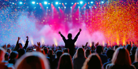 A lively concert takes place during the night, featuring a passionate crowd with arms raised, colorful lights illuminating the stage, and confetti falling from above.の素材