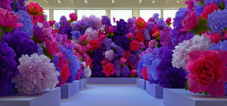 A stunning arrangement of lilac and purple flowers fills the space, creating a vibrant atmosphere. The display features numerous blossoming plants against a bold purple background.の素材