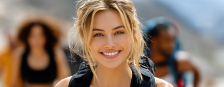 A hiker with blonde hair and a backpack smiles brightly while exploring a mountain trail on a clear day. Friends accompany her in the background, enjoying the adventure together.の素材