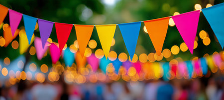 Brightly colored bunting decorates a lively outdoor gathering filled with happy guests enjoying summer festivities at a beautiful location during the day.の素材