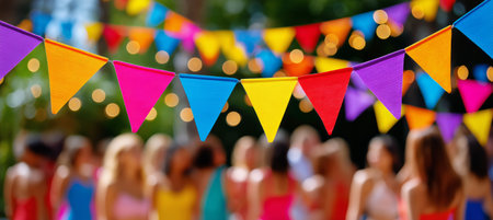 Brightly colored bunting decorates a lively outdoor gathering filled with happy guests enjoying summer festivities at a beautiful location during the day.の素材