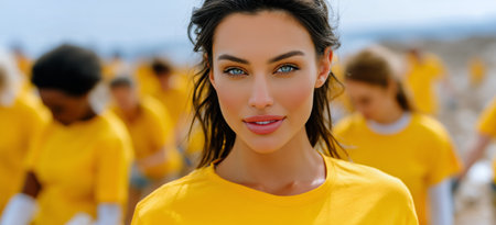 Volunteers gather on the beach wearing bright yellow shirts to clean up litter and debris during a community event on a sunny day, promoting environmental awareness.の素材