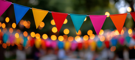 Vibrant flags hang between trees, illuminating a lively outdoor event. String lights twinkle, creating a warm atmosphere for guests enjoying a joyful celebration.の素材