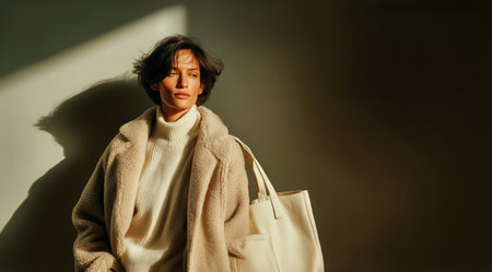 A woman dressed in a light sweater and coat stands indoors, holding a chic bag. Soft natural light filters through a window, creating a warm ambiance in the space.の素材