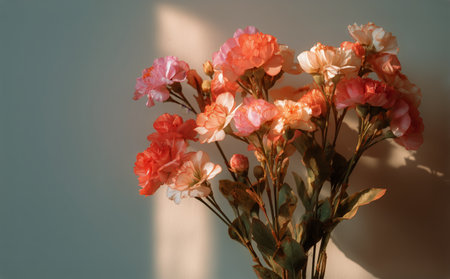 A collection of soft pastel dahlias in shades of pink and cream, accented with delicate wildflowers, creating a soothing floral display against a light wall.の素材