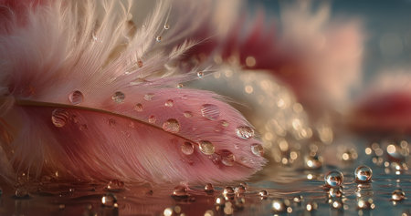 A pink feather lies on a reflective surface, covered in tiny water droplets. The soft light enhances the details, creating a serene atmosphere that captures natures beauty.の素材
