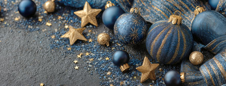 Decorative arrangement showcases navy blue and gold ornaments mixed with natural elements, creating a festive atmosphere perfect for holiday celebrations and decorations.の素材