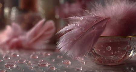 A pink feather lies on a reflective surface, covered in tiny water droplets. The soft light enhances the details, creating a serene atmosphere that captures natures beauty.の素材