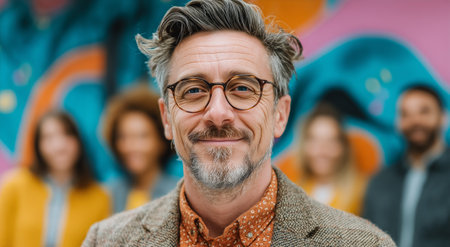 A middle-aged man wearing glasses and a denim jacket smiles confidently while standing in front of a vibrant mural. Several people are visible in soft-focus behind him.の素材