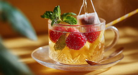 A clear cup filled with fruit tea featuring raspberries and mint leaves sits on a circular plate. Soft sunlight casts a warm glow, enhancing the refreshing drinks vibrant colors.の素材