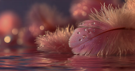 Delicate pink feathers drift in water droplets, creating a serene atmosphere. The gentle blur in the background enhances a calming effect, ideal for relaxation and tranquility.の素材
