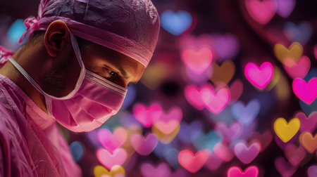 A medical professional wearing pink scrubs and a mask intensely concentrates on a task, surrounded by a vibrant backdrop of soft heart shapes, creating an uplifting atmosphere.の素材