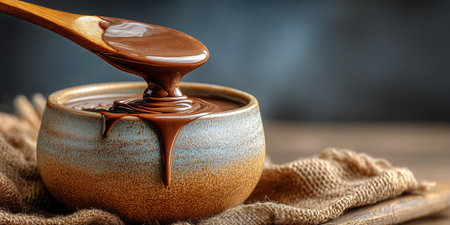 Thick chocolate sauce flows smoothly from a wooden spoon into a round bowl placed on a textured cloth. The setting is warm and inviting, perfect for dessert preparation.の素材