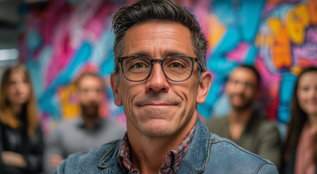A middle-aged man wearing glasses and a denim jacket smiles confidently while standing in front of a vibrant mural. Several people are visible in soft-focus behind him.の素材