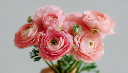 A bouquet of soft pink ranunculus flowers is carefully held with vibrant green leaves. The gentle light highlights their delicate petals and adds warmth to the arrangement.の素材