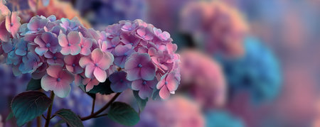 Vibrant hydrangeas display a mix of pink and blue hues during a sunny spring afternoon, showing natures beauty in full bloom.の素材