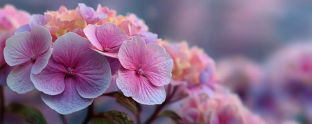 Hydrangea flowers bloom in shades of pink and lavender, capturing the essence of a tranquil spring morning with gentle light illuminating their delicate petals.の素材