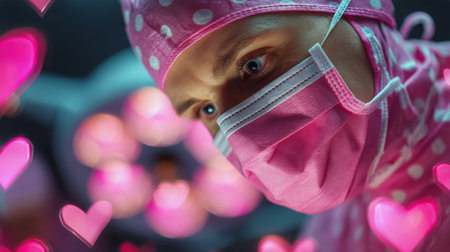 A health worker wearing a pink mask gazes upward, surrounded by heart-shaped lights during a community event focused on health awareness and support.の素材