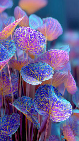 Vibrant aquatic plants with translucent leaves display shades of blue and purple, creating a stunning underwater garden during bright daylight hours in a tranquil setting.の素材