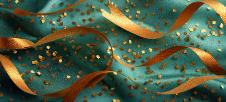 Golden ribbons and shiny confetti scatter across a smooth teal fabric, creating a vibrant and cheerful atmosphere perfect for a celebration or special event.の素材