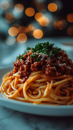Spaghetti topped with rich meat sauce and fresh parsley sits on a white plate, illuminated by warm, soft background lights. The setting evokes a comforting dining atmosphere.の素材