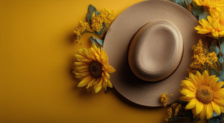 Sunflowers surround a straw hat on a bright yellow surface, embodying the essence of summer. This lively arrangement captures warmth and joy, perfect for seasonal decorations.の素材