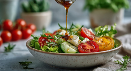 A vibrant salad featuring crisp greens, tomatoes, and red cabbage is being drizzled with a rich dressing. The setting is bright and inviting, highlighting the fresh ingredients.の素材