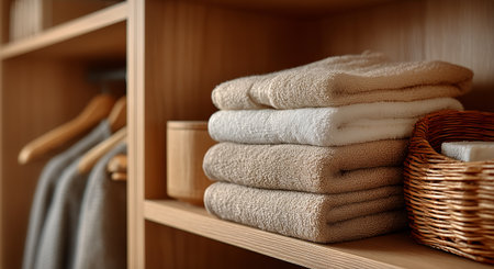 Soft towels in neutral colors are stacked neatly on wooden shelves. Nearby, a wicker basket holds additional necessities, creating a warm and inviting atmosphere.の素材