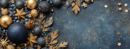 Decorative arrangement showcases navy blue and gold ornaments mixed with natural elements, creating a festive atmosphere perfect for holiday celebrations and decorations.の素材