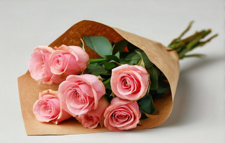 A beautiful arrangement of pink roses is elegantly wrapped in brown paper. The roses are freshly cut, showing their vibrant colors and delicate petals, perfect for any occasion.の素材