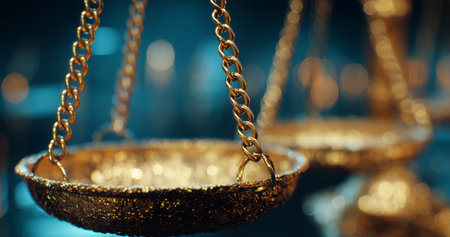 Scales of justice rest in a softly illuminated environment, highlighting the significance of equity and law, surrounded by a blurred backdrop that suggests a legal atmosphere.の素材