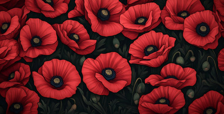 Bright red poppies fill the garden with color, showing their delicate petals and dark centers.の素材