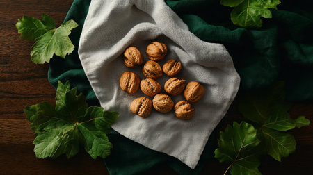 Fresh walnuts are neatly placed on a soft cloth surrounded by vibrant green leaves, creating an inviting and natural setting perfect for a cozy gathering.の素材