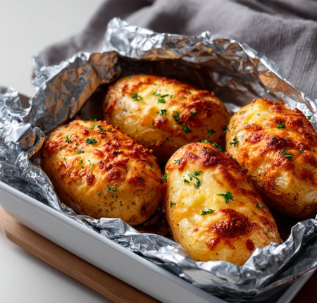 Golden brown baked potatoes are topped with melted cheese and fresh herbs, served in foil for an inviting side dish perfect for any meal.の素材