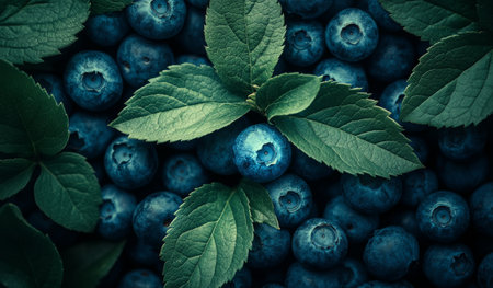 Plump blueberries are nestled among lush green leaves, showing their rich color and fresh appearance in a natural environment, inviting a sense of health and vitality.の素材