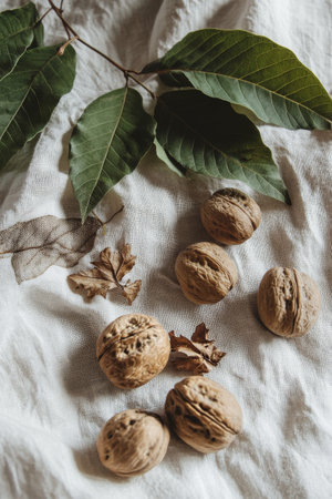 A collection of walnuts and dried leaves lies on a soft, neutral-colored cloth. The setting captures the essence of autumn with earthy tones and natural textures.の素材