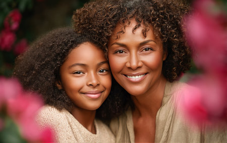 A woman and a young girl share a joyful moment, surrounded by vibrant pink flowers in a lush garden during daylight. Their expressions reflect happiness and love.の素材
