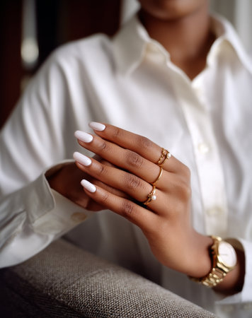 Delicate hands display stylish white nail art adorned with multiple rings, while a gold watch adds a touch of sophistication in a warm, cozy indoor environment filled with natural light.の素材