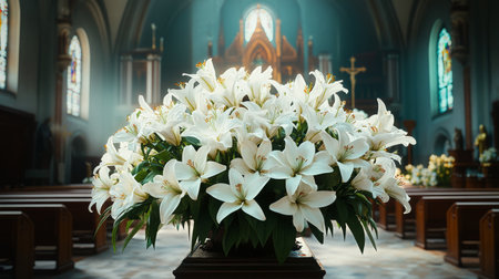 A vibrant arrangement of white lilies fills the altar of a church, bathed in soft morning light. The peaceful ambiance enhances the floral beauty during a tranquil service.の素材