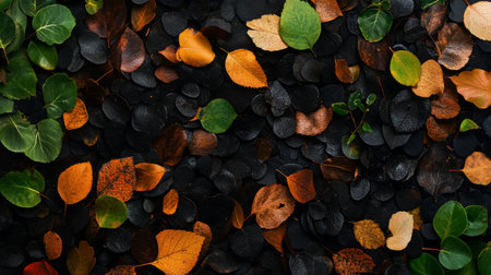 Vibrant autumn leaves in shades of orange, brown, and red cover the ground, creating a warm carpet of foliage that captures the essence of fall in a peaceful outdoor setting.の素材