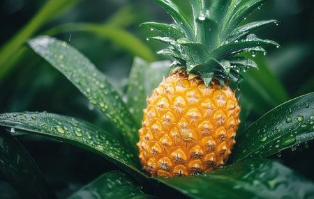 A vibrant pineapple stands tall amidst rich green leaves, glistening with raindrops as rain falls gently, highlighting the freshness of a tropical environment.の素材