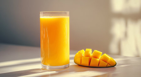 Bright mango juice fills a clear glass, accompanied by vibrant mango slices on a white countertop. Sunlight casts a warm glow on the delicious scene in a kitchen.の素材