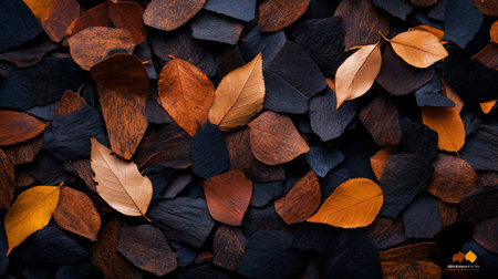 Autumn leaves in shades of orange, brown, and gold are scattered across dark textured stones, forming a vibrant and natural artwork inviting appreciation of seasonal beauty.の素材