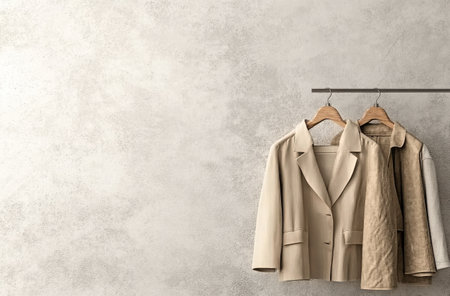 Various cozy jackets in neutral tones hang neatly on a rack. The setting features soft lighting and a simple background, highlighting the textures and styles of the garments.の素材