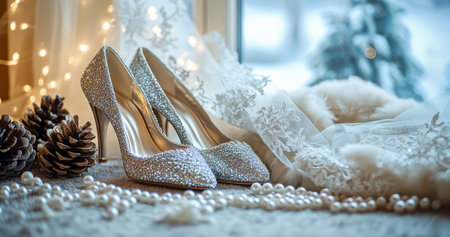 Silver high heels with sparkling details rest on a cozy surface, surrounded by pearls and pinecones, complemented by delicate fabrics and winter ambiance.の素材