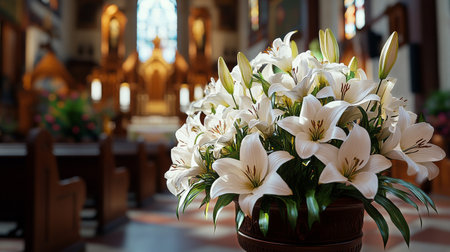 White lilies and delicate flowers fill the church, creating a serene atmosphere for a memorial service as sunlight filters through stained glass.の素材