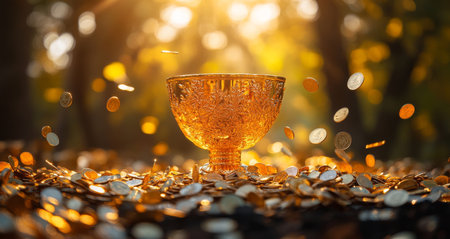A golden trophy stands prominently among a shimmering array of coins as soft sunlight filters through trees in the background, creating a magical atmosphere during late afternoon.の素材