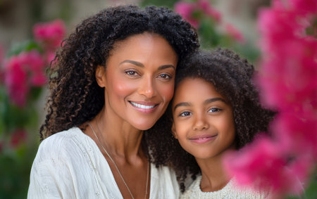 A woman and a young girl pose together with warm smiles, surrounded by colorful flowers. Their joyful expressions capture a loving bond in a tranquil garden setting.の素材