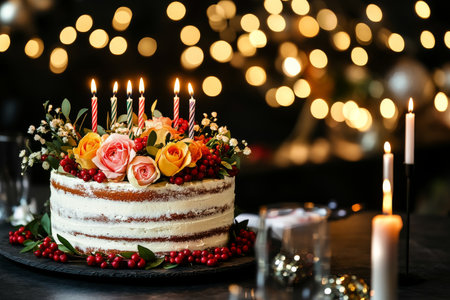 A decorated cake with colorful roses and berries sits on a table next to lit candles, creating a warm atmosphere for a celebration in a cozy setting.の素材